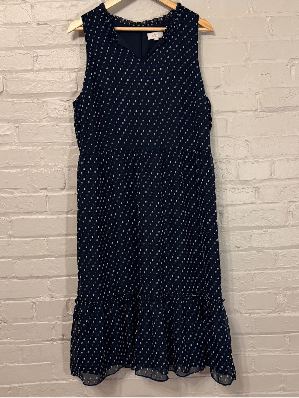 Loft Polka Dot Ruffle Neck Sleeveless Tiered Midi Dress Swiss Dot